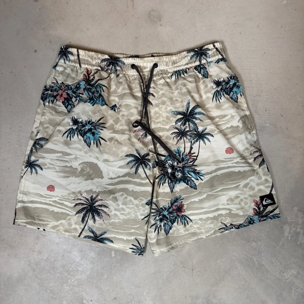 Quiksilver Mens Tropical Palm Tree Print Swim Trunks Beige Blue Size M RN169009
